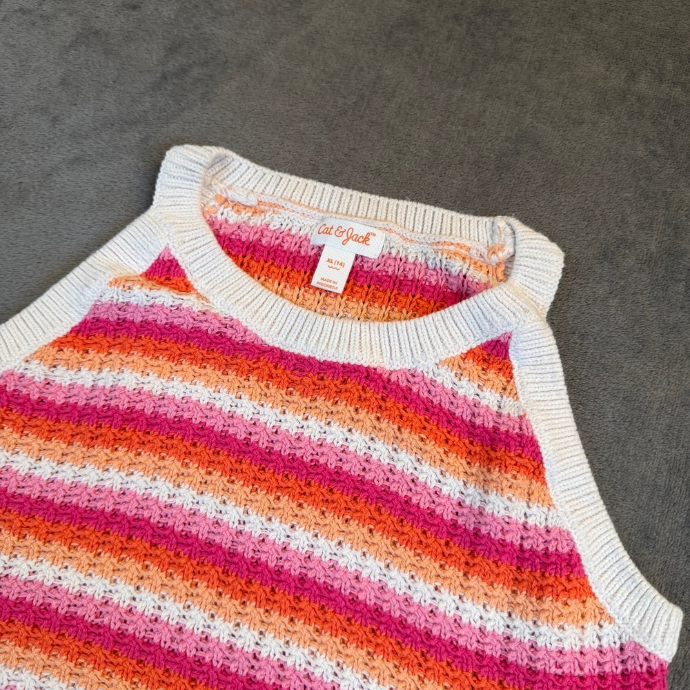 Cat & Jack Striped Knit Tank Top Girls Extra Large‎ 14 Pink Orange High Neck